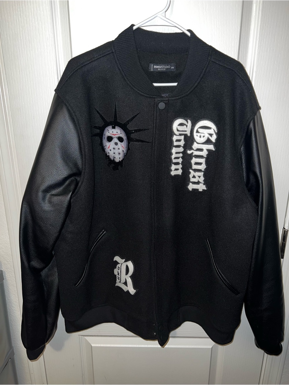Roku Black Varsity Jacket with White Jason Mask Graphics